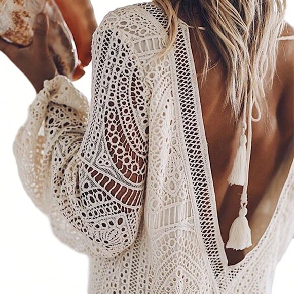 White Casual Women's Long Lantern Sleeve Hollowed Lace Flower Deep V Mini Dress - Picture 3 of 3